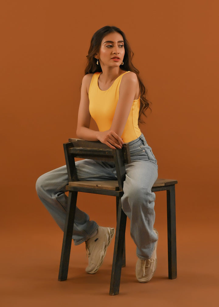 Dhaga Women Western Solids T- Shirt jersy Yellow Sleeveless Bodysuit DT10002 - Summer Collection