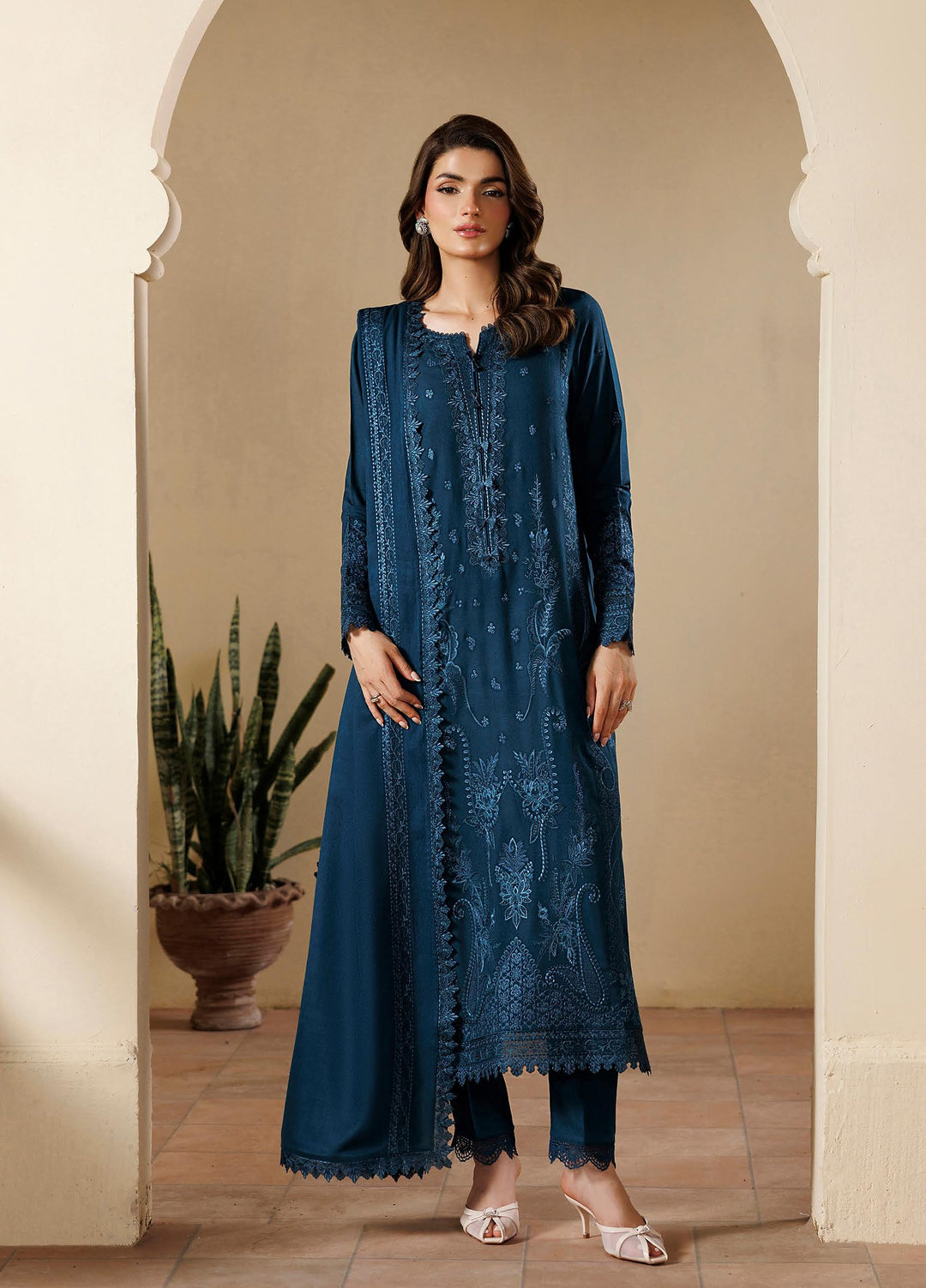 Exclusice by Daria Unstitched Embroidered Leather Peach 3 Piece Suit DN26UEL DA-191 - Winter Collection