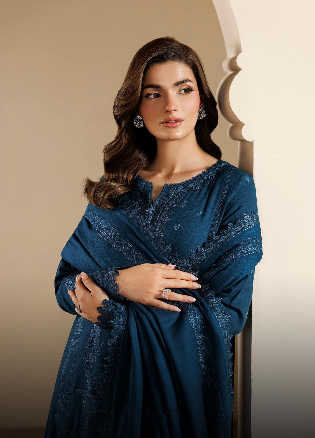 Exclusice by Daria Unstitched Embroidered Leather Peach 3 Piece Suit DN26UEL DA-191 - Winter Collection