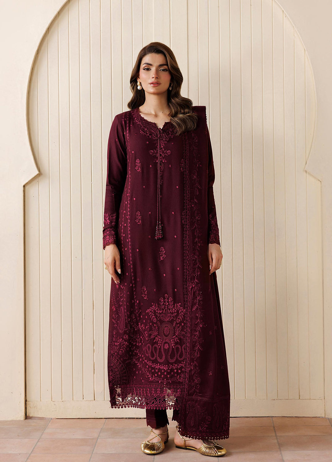 Exclusice by Daria Unstitched Embroidered Leather Peach 3 Piece Suit DN26UEL DA-192 - Winter Collection