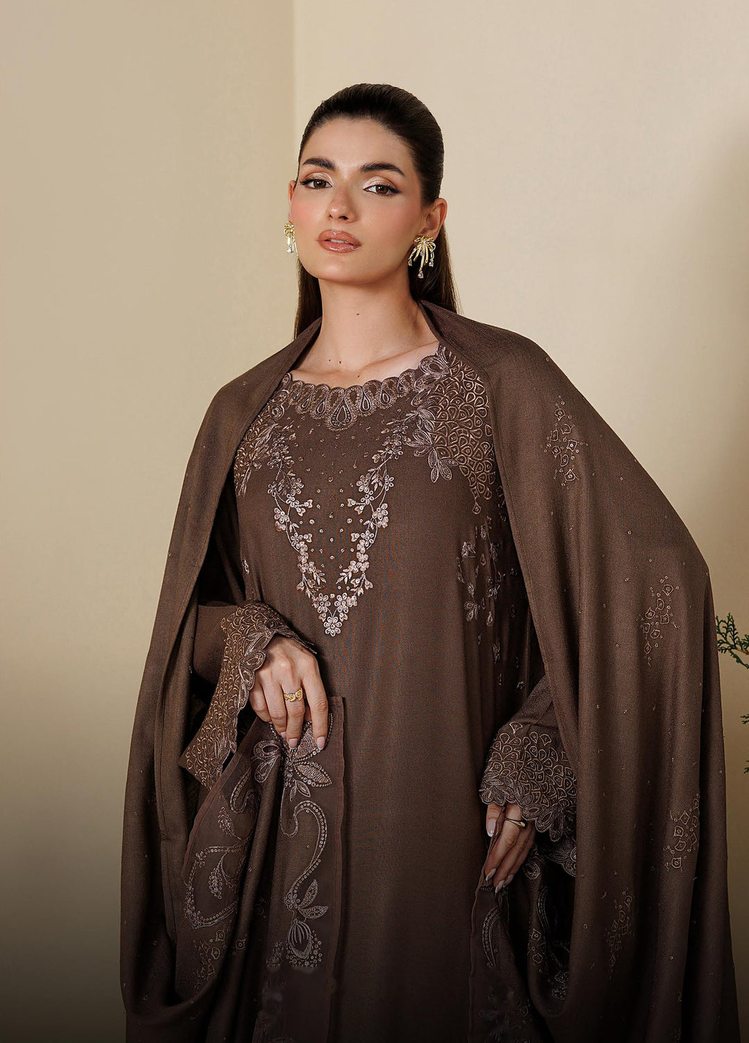 Exclusice by Daria Unstitched Embroidered Leather Peach 3 Piece Suit DN26UEL DA-194 - Winter Collection
