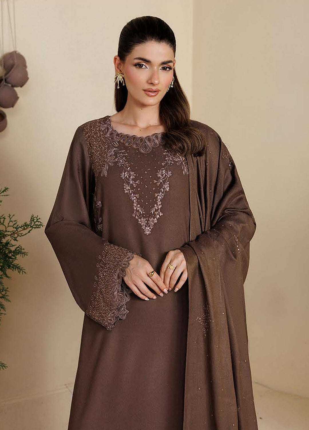 Exclusice by Daria Unstitched Embroidered Leather Peach 3 Piece Suit DN26UEL DA-194 - Winter Collection