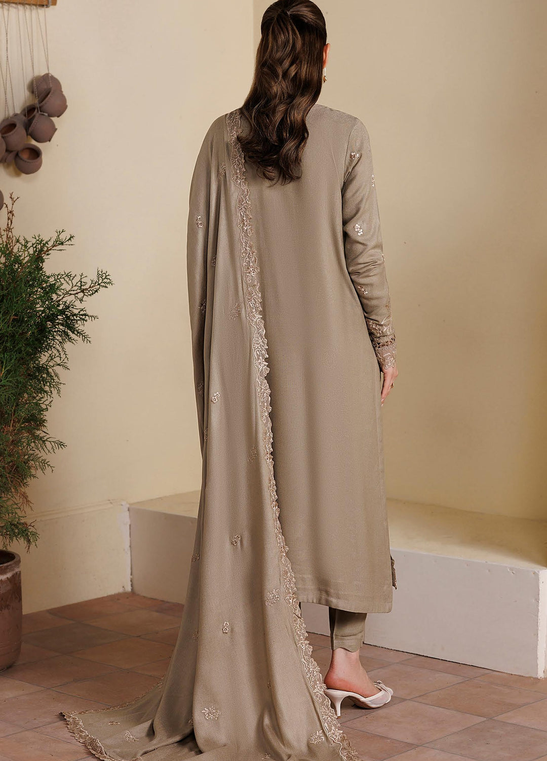 Exclusice by Daria Unstitched Embroidered Leather Peach 3 Piece Suit DN26UEL DA-195 - Winter Collection