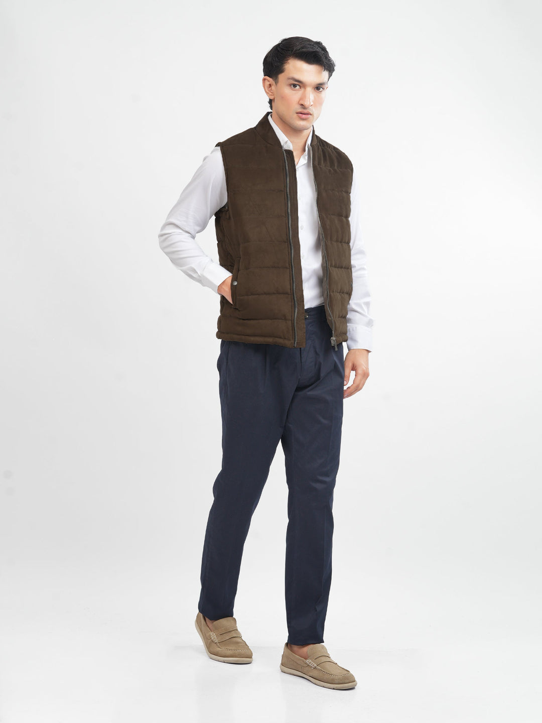 Brumano Mens RTW Solids Poly Jacket Dark Brown Suede Sleeveless Winter Collection
