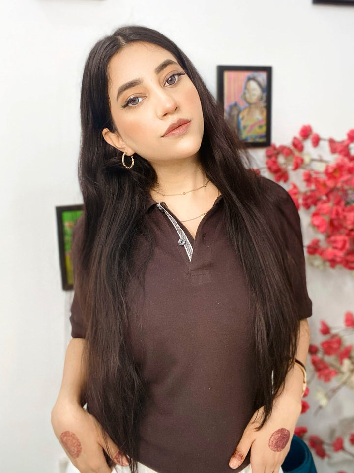 Brumano Solids Dark Brown 100% Cotton Pique Polo - Women