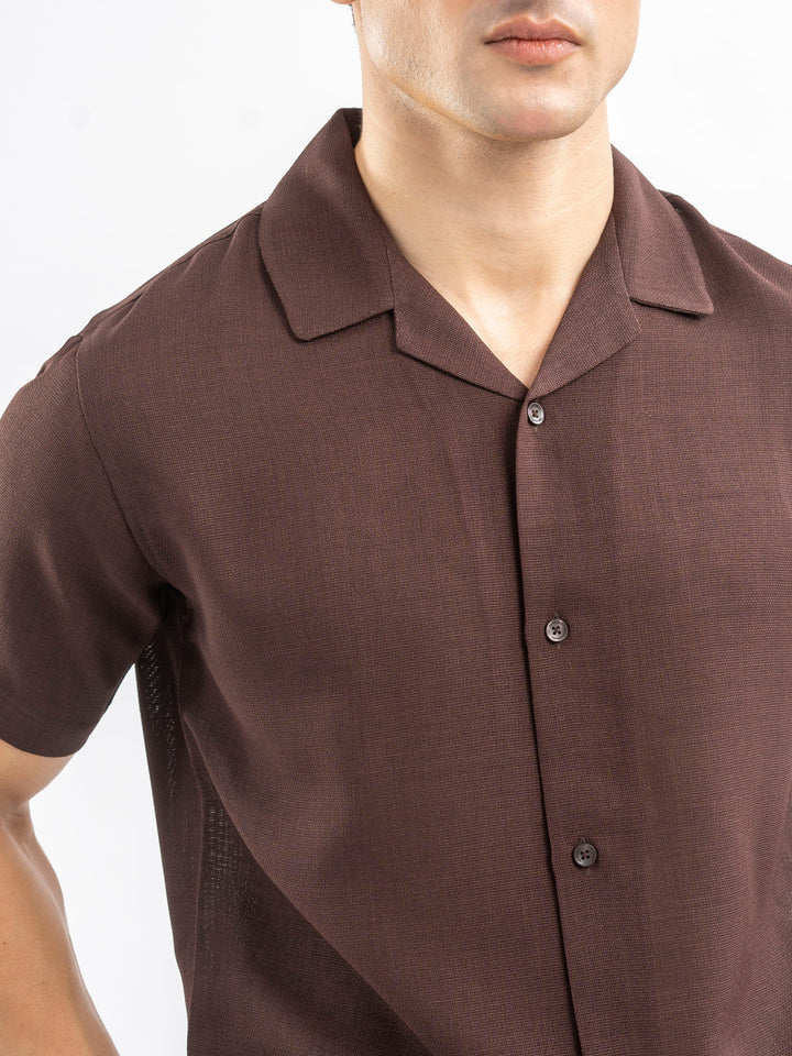 Brumano Ready To Wear Shirts Men 1 Piece Polyester Dark Brown Structured Cuban Collar Shirt 0-33-025-4381 - Summer Collection