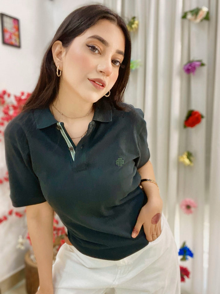 Brumano Solids Dark Green 100% Cotton Pique Polo - Women