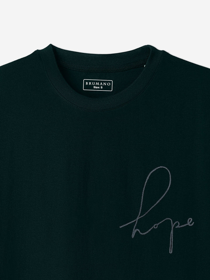 Brumano Cotton Printed Men - Dark Green Oversized T-Shirt With Minimalist 'Hope' Embroidery