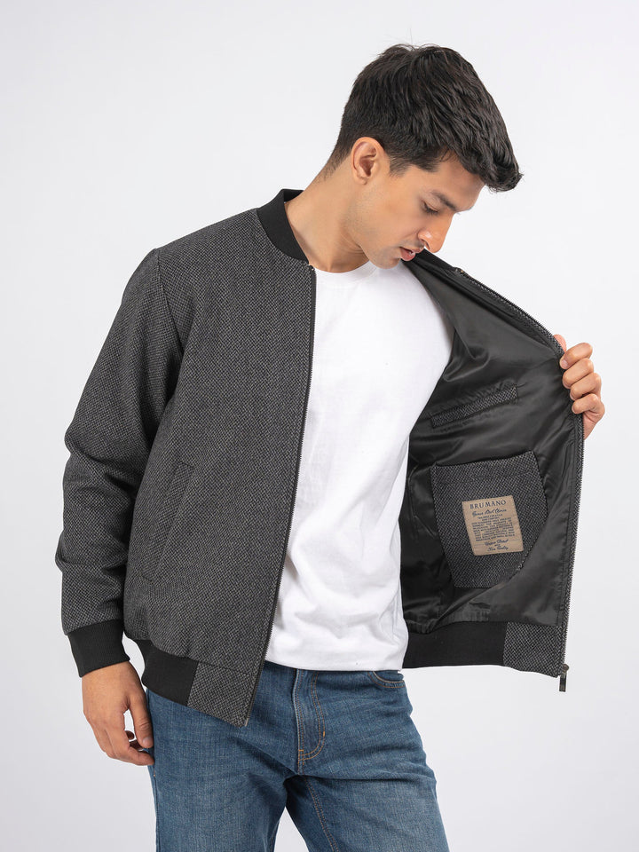 Brumano Pret Solids Polyester 1 Piece Dark Grey Herringbone Structured Wool Bomber Jacket