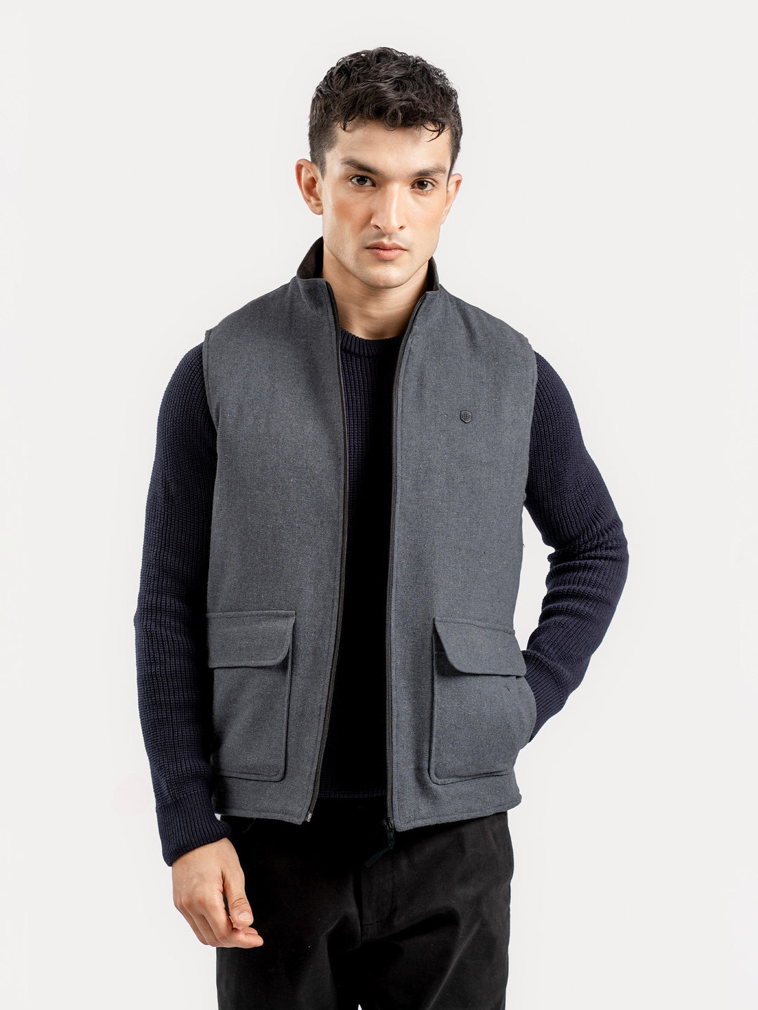 Brumano Mens RTW Solids Cotton Jacket Dark Grey Sleeveless Jacket Winter Collection