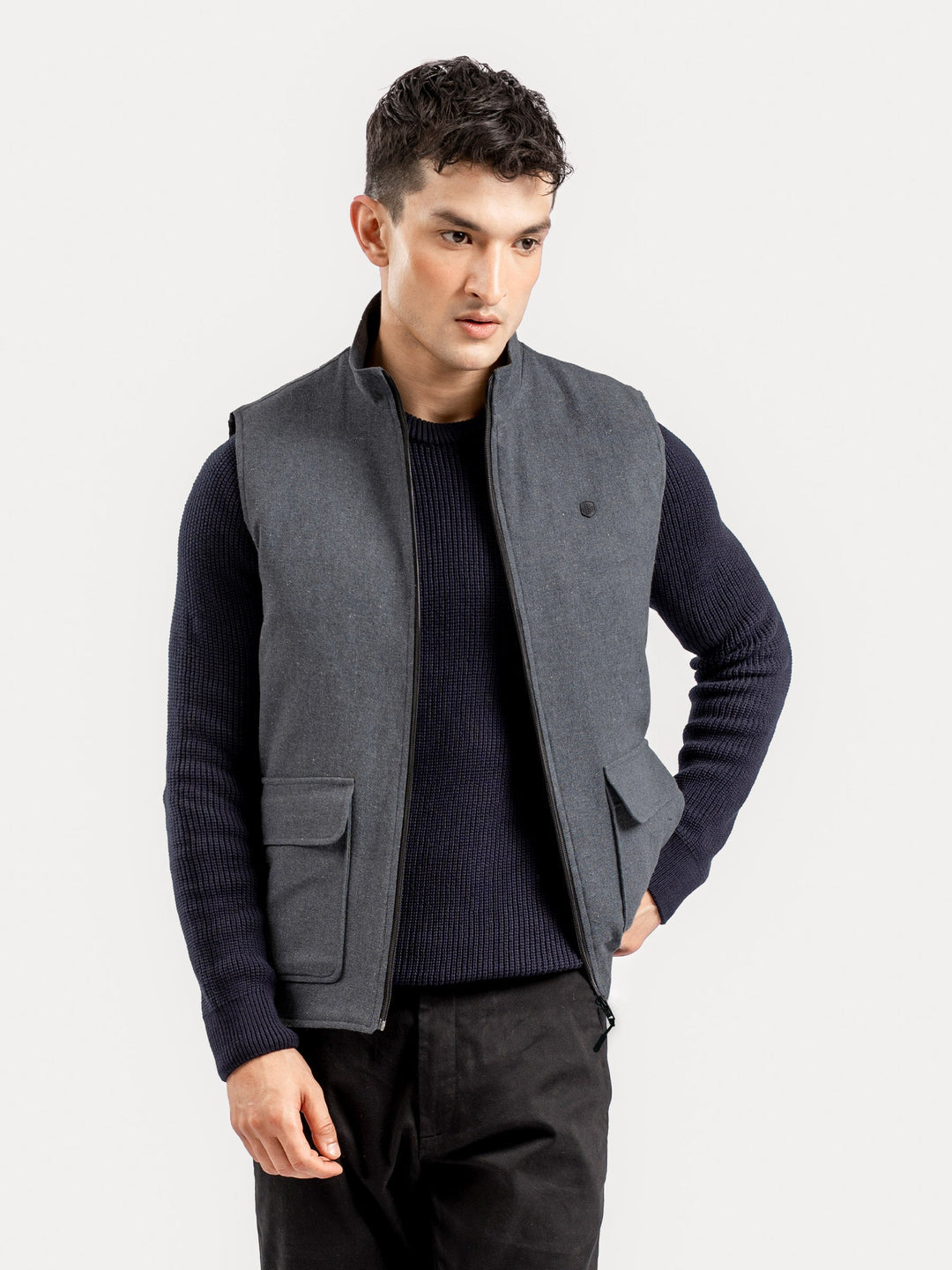 Brumano Mens RTW Solids Cotton Jacket Dark Grey Sleeveless Jacket Winter Collection