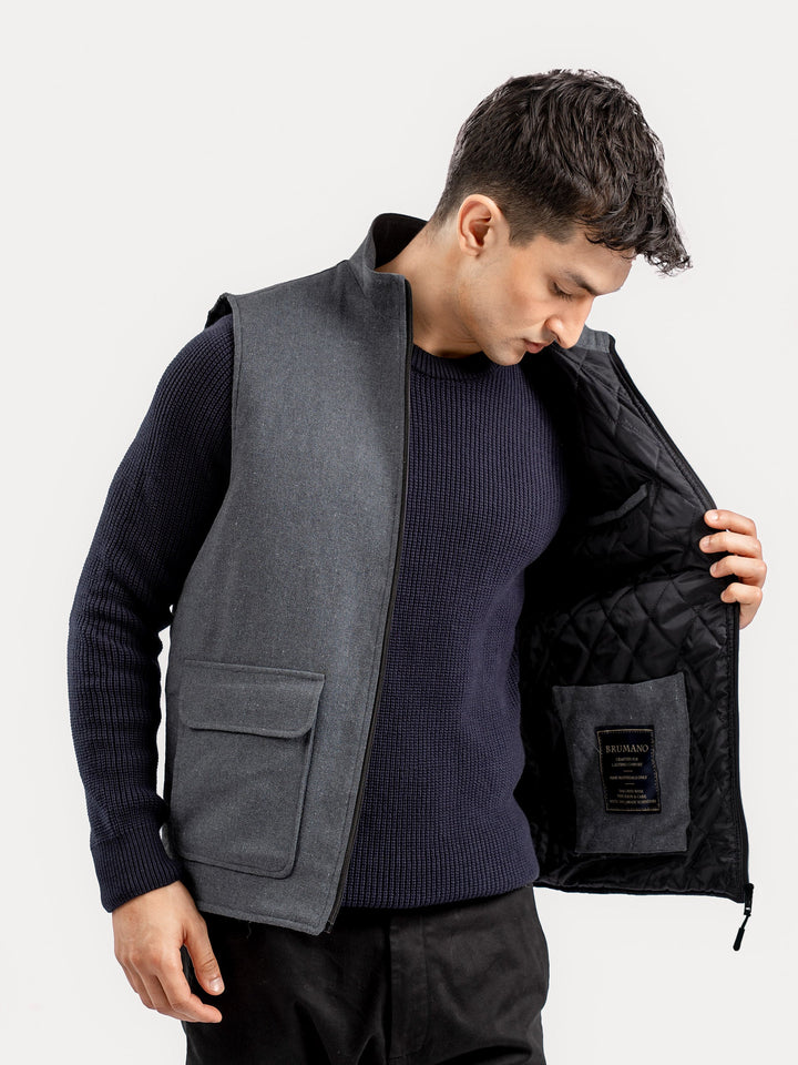 Brumano Mens RTW Solids Cotton Jacket Dark Grey Sleeveless Jacket Winter Collection