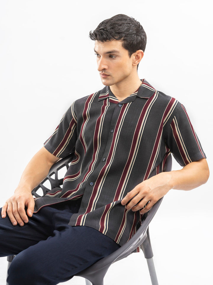 Brumano Ready To Wear Shirts Men 1 Piece Cotton Dark Grey Stiped Cuban Collar Shirt 0-33-025-4405 - Summer Collection