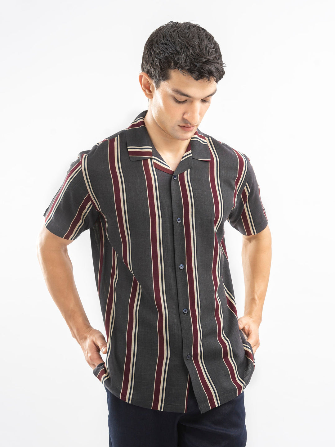 Brumano Ready To Wear Shirts Men 1 Piece Cotton Dark Grey Stiped Cuban Collar Shirt 0-33-025-4405 - Summer Collection