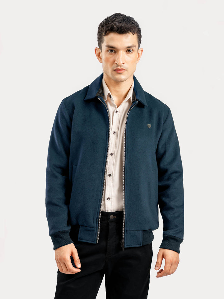 Brumano Ready To Wear Solids  Wool 1 Piece Men Dark Teal Blue Wool Blended Jacket With Detachable Collar 0-11-025-4869 - Winter Collection