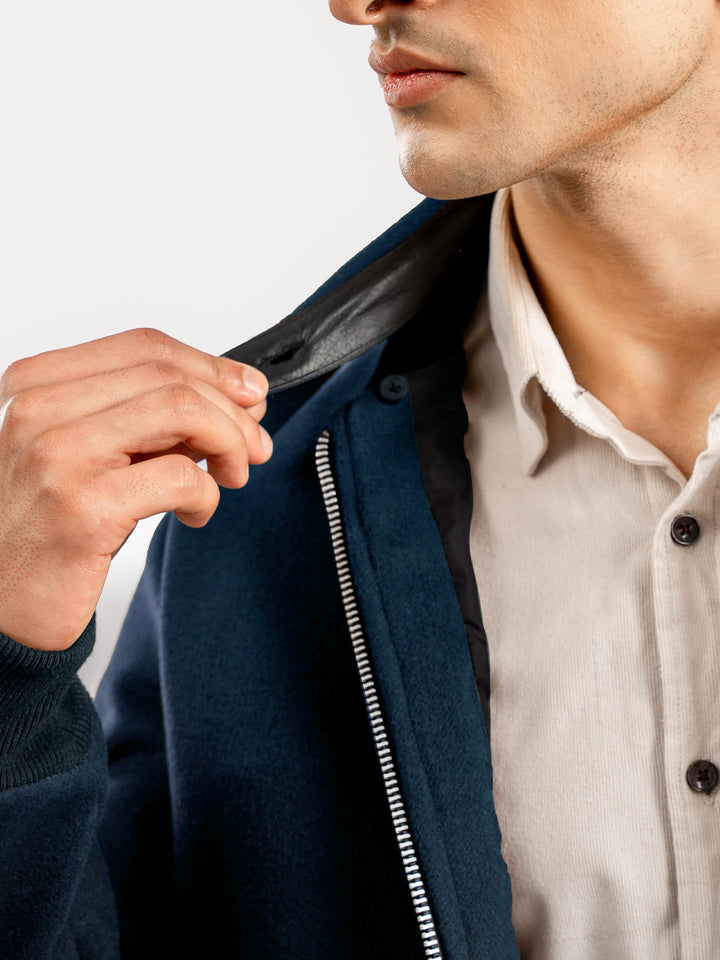 Brumano Ready To Wear Solids  Wool 1 Piece Men Dark Teal Blue Wool Blended Jacket With Detachable Collar 0-11-025-4869 - Winter Collection