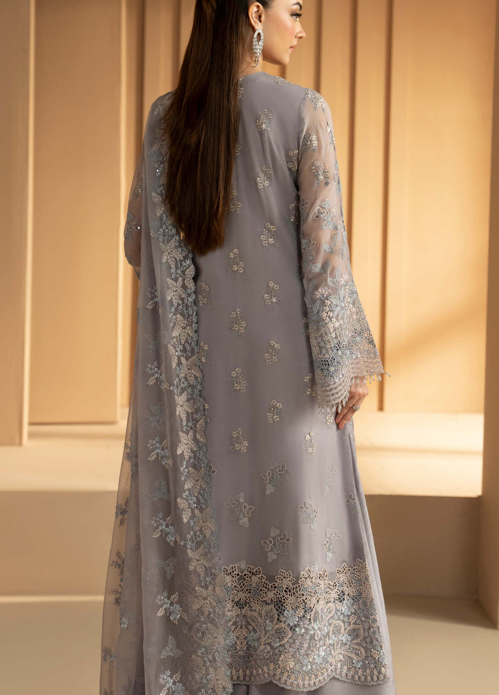 Purkashish by Lavish Premium Unstitched Embroidered Chiffon 3 Piece Suit LVP26UCP Silver Sage D-01 - Wedding Collection