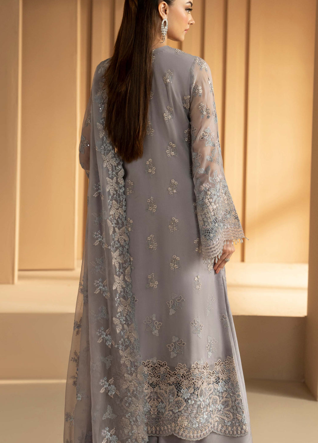 Purkashish by Lavish Premium Unstitched Embroidered Chiffon 3 Piece Suit LVP26UCP Silver Sage D-01 - Wedding Collection