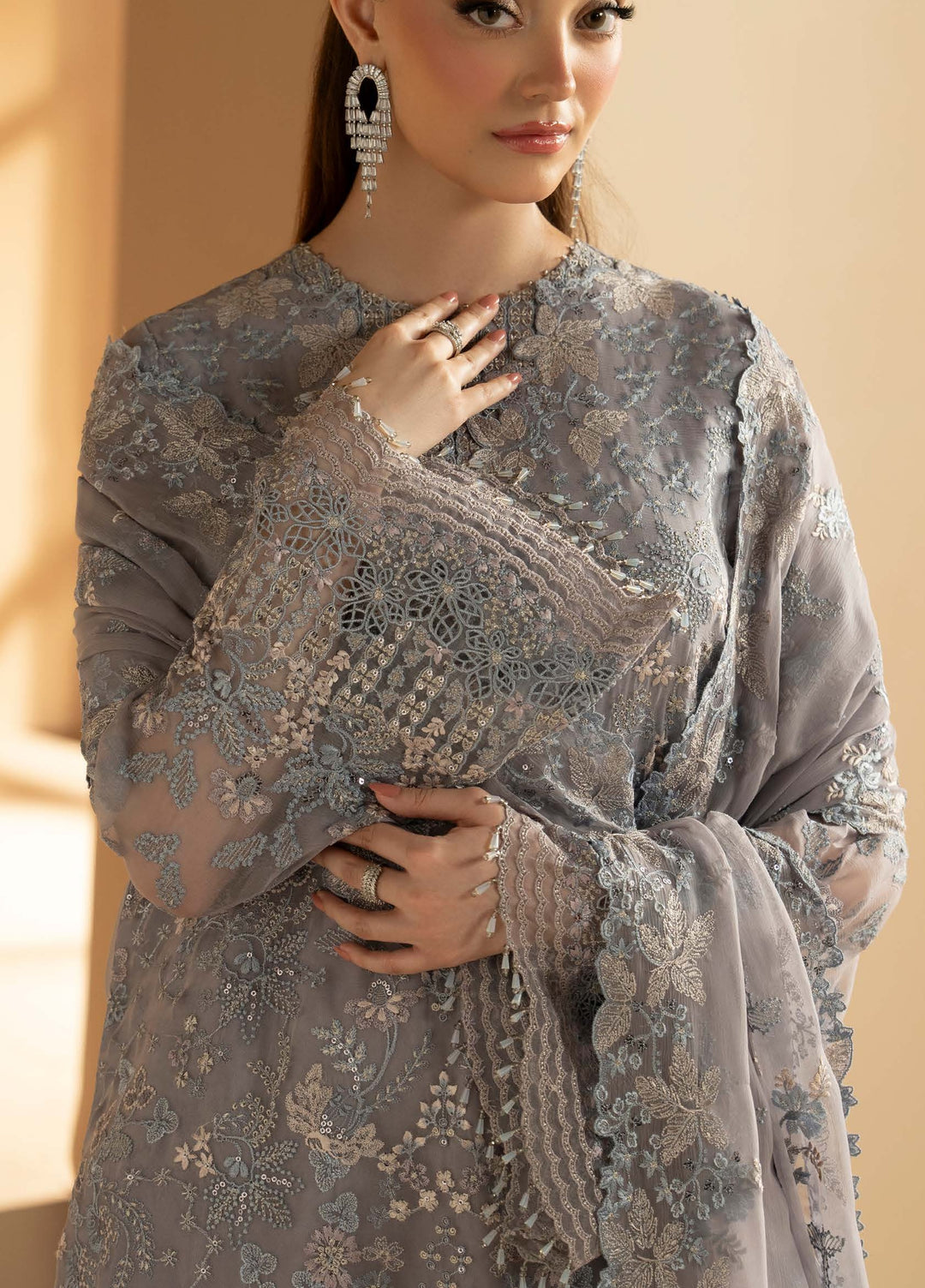 Purkashish by Lavish Premium Unstitched Embroidered Chiffon 3 Piece Suit LVP26UCP Silver Sage D-01 - Wedding Collection