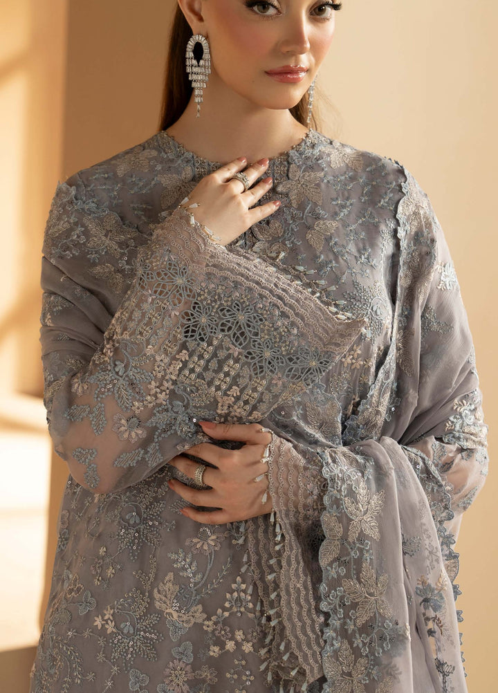 Purkashish by Lavish Premium Unstitched Embroidered Chiffon 3 Piece Suit LVP26UCP Silver Sage D-01 - Wedding Collection