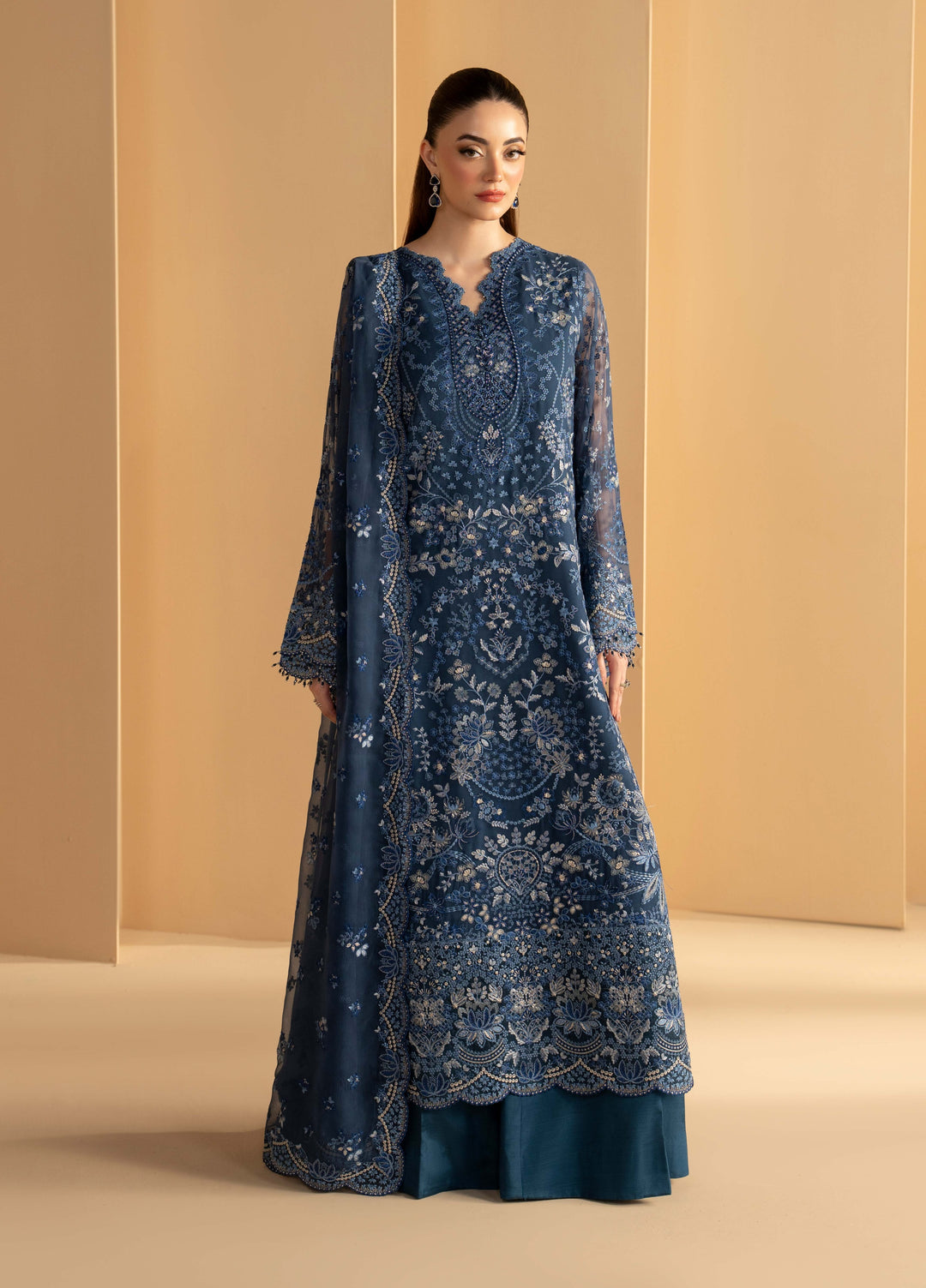 Purkashish by Lavish Premium Unstitched Embroidered Chiffon 3 Piece Suit LVP26UCP Midnight Sapphire D-03 - Wedding Collection