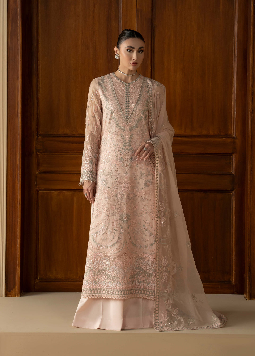 Purkashish by Lavish Premium Unstitched Embroidered Chiffon 3 Piece Suit LVP26UCP Peach Elan D-04 - Wedding Collection