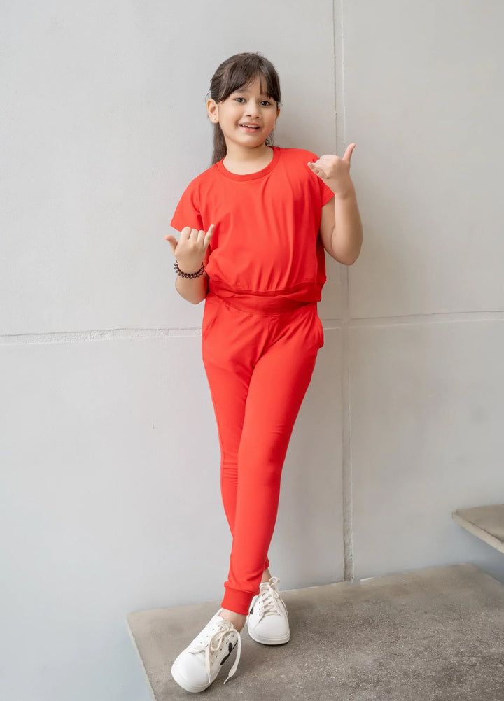 Dhaga Kids Pret Solids Jersy 2 Piece Co Ords Red DH-KD-CO - Summer Collection