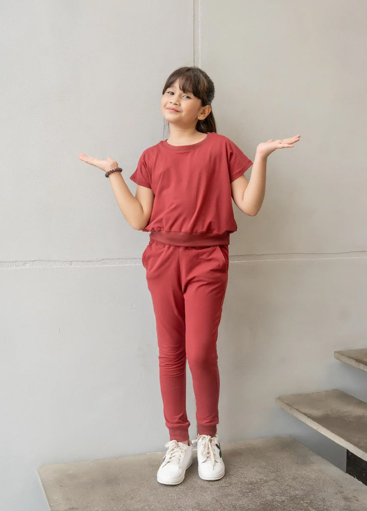 Dhaga Kids Pret Solids Jersy 2 Piece Co Ords Red Pear DH-KD-CO - Summer Collection