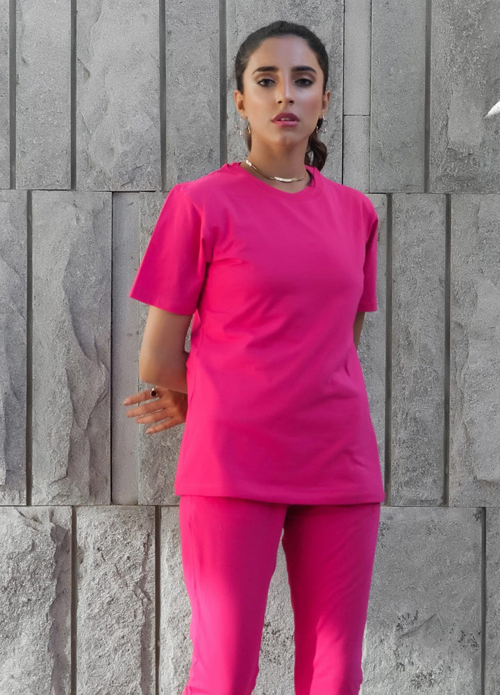 Dhaga Women Western Solids 2 Piece jersy Fushia Co Ords Half Sleeves DHSSSCO1 - Summer Collection