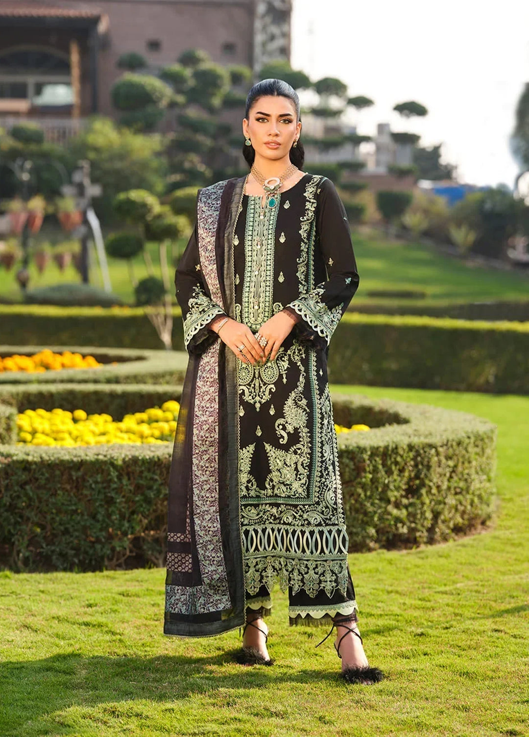 Menaal Unstitched Embroidered Lawn 3 Piece Suit ML26ULS EMERALD NOIR - Festive Collection