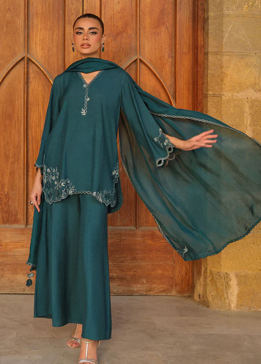 Luxe by Sahar Pret Embroidered Raw Silk 3 Piece Emerald Essence