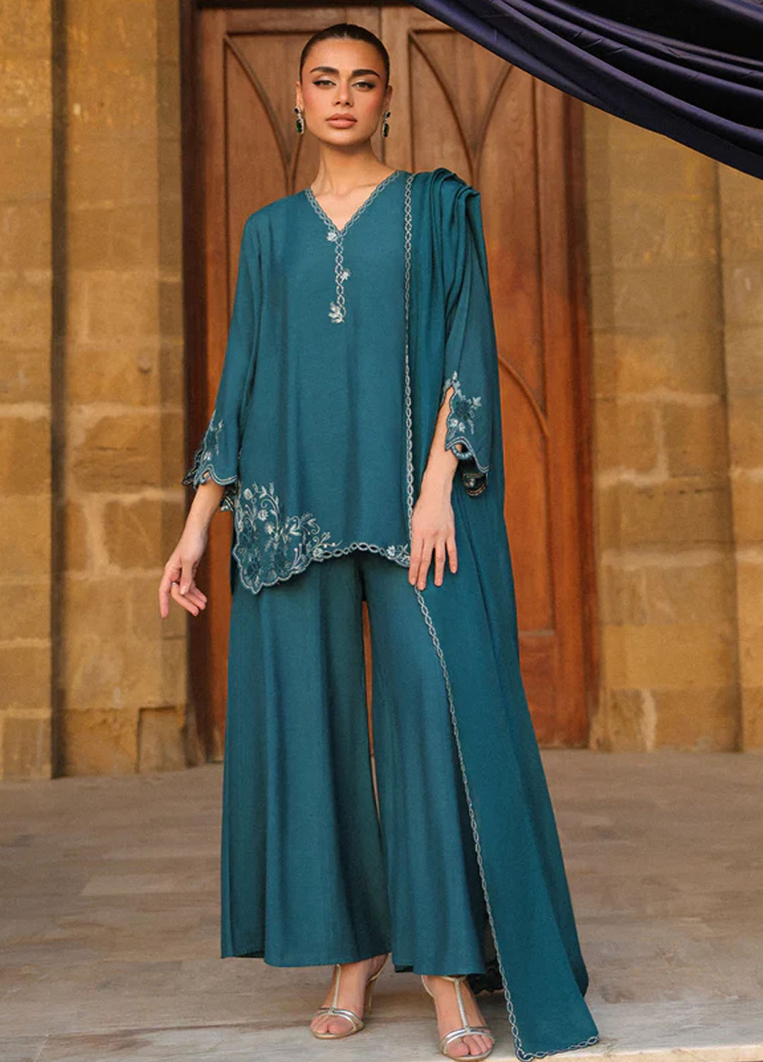 Luxe by Sahar Pret Embroidered Raw Silk 3 Piece Emerald Essence