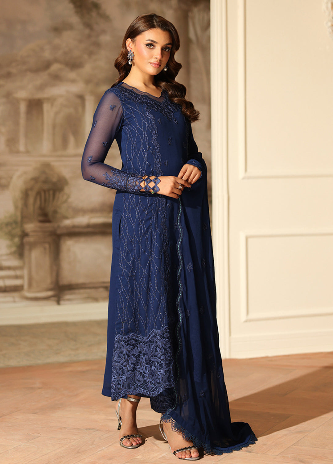 Ensembles by Azure Embroidered Unstitched Chiffon Suits 3 Piece AZU25EU ES-120 Royal Eclipse - Festive Collection