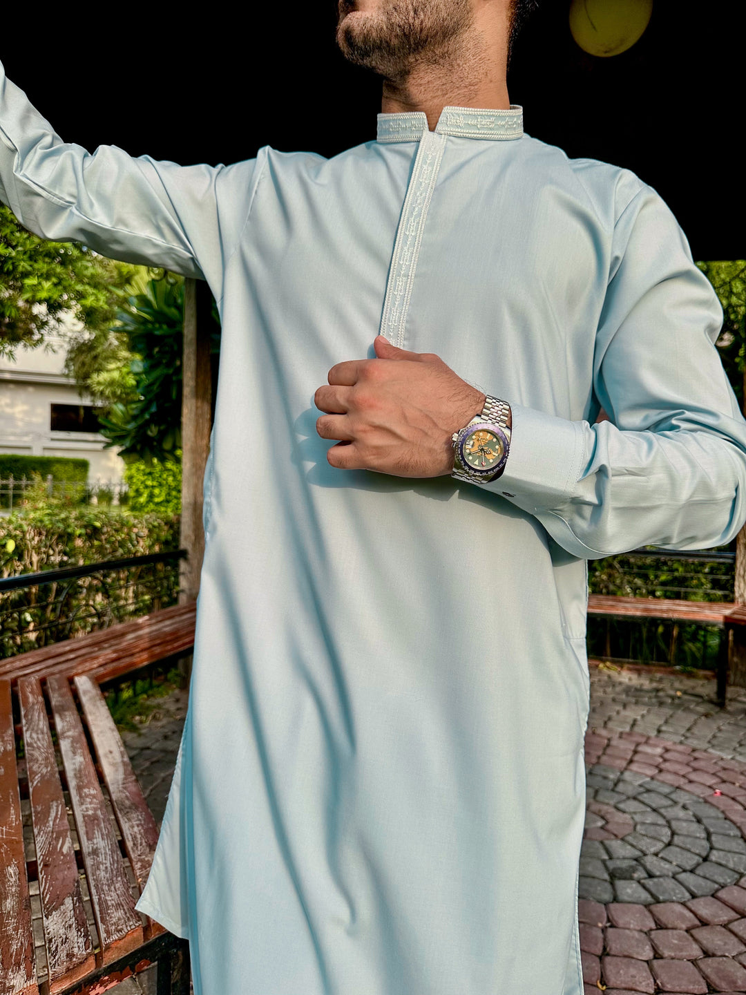 Muraqsh Ready To Wear Embroidered Cotton Men Formal Sky Blue Kurta Shalwar Collar Neck MUR-FSBKS - Summer Collection