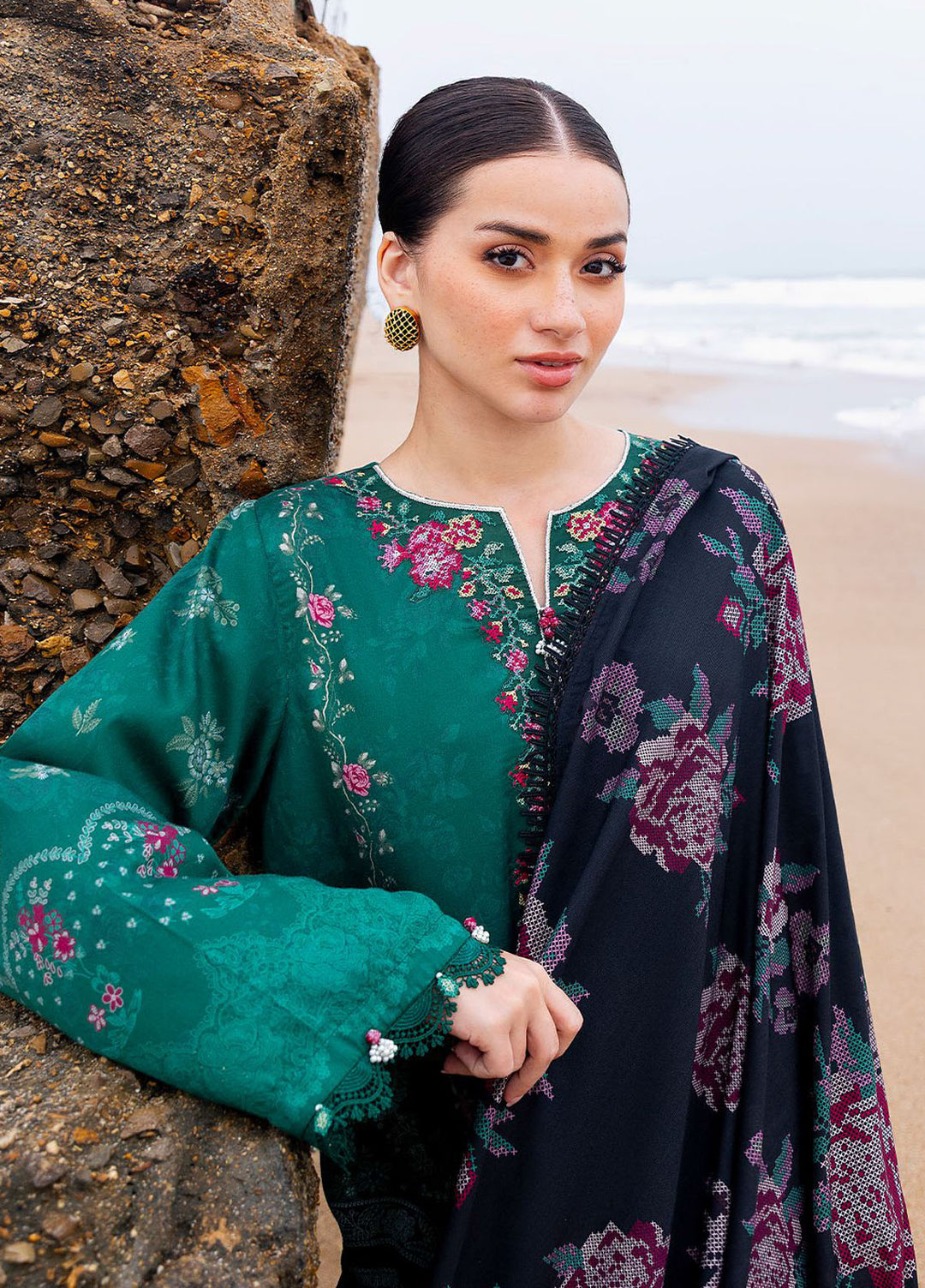 Cross Stitch Embroidered Cotton Satin Suits Unstitched 3 Piece CS25SU Garland Whisper - Winter Collection