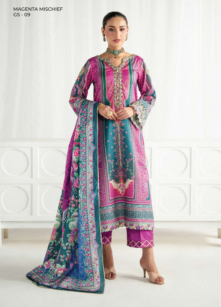 Aira by Gulaal Unstitched Printed Silk 3 Piece Suit GL26USA Magenta Mischief GS-09 - Festive Collection