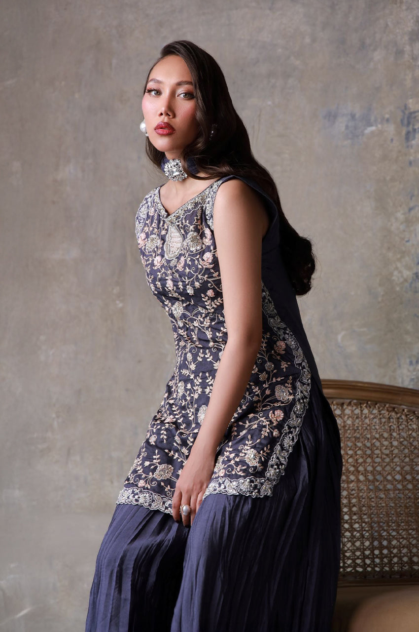 Liyaana From Nizka By Nida Rehan RTW Embroidered Butter Silk 3 Piece Suit Moonlit Vine - Festive Collection