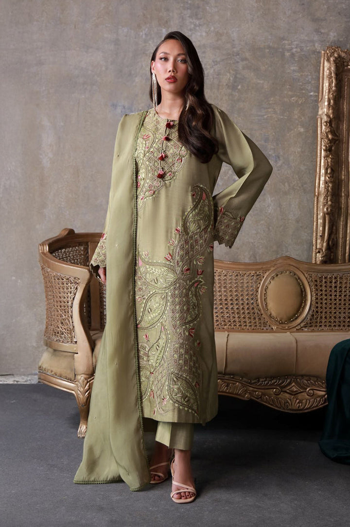 Liyaana From Nizka By Nida Rehan RTW Embroidered Butter Silk 3 Piece Suit Olivaire - Festive Collection