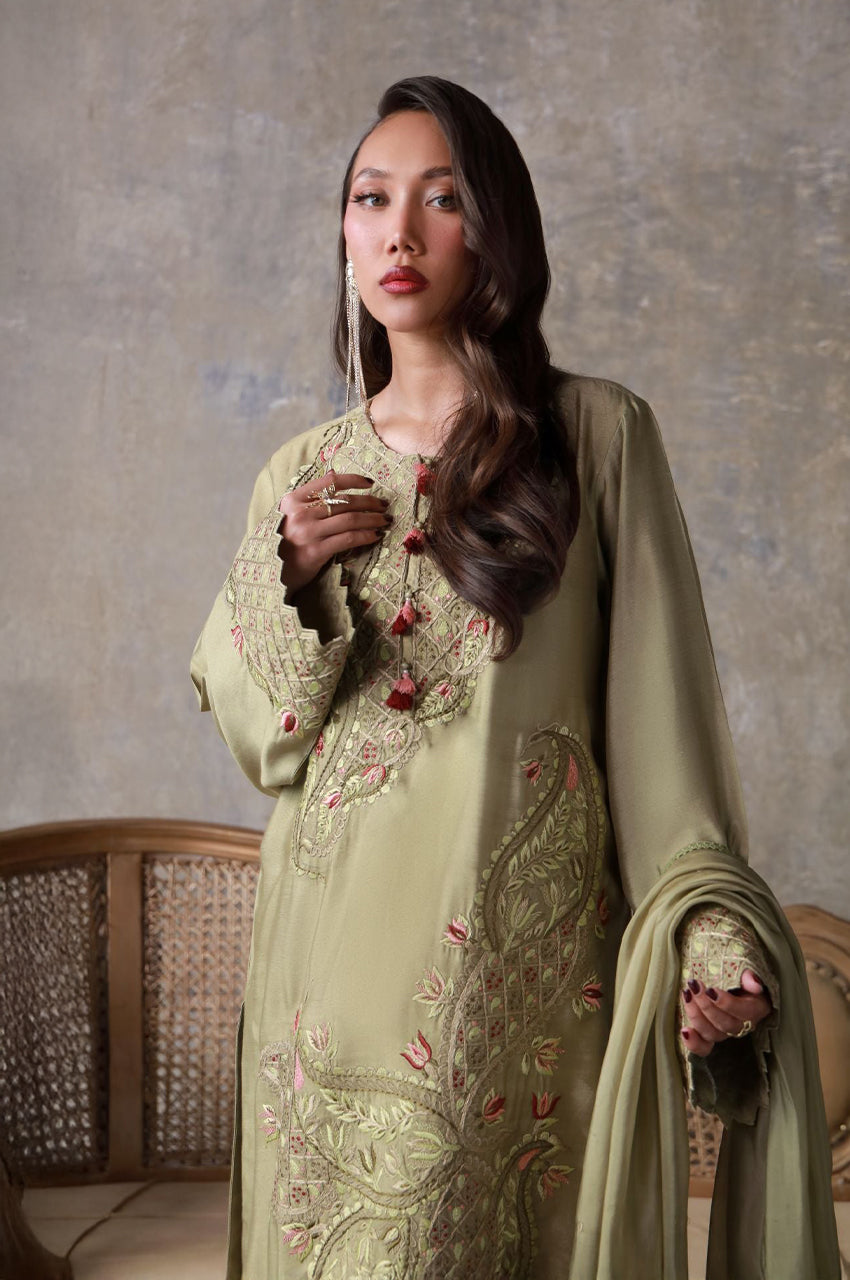 Liyaana From Nizka By Nida Rehan RTW Embroidered Butter Silk 3 Piece Suit Olivaire - Festive Collection