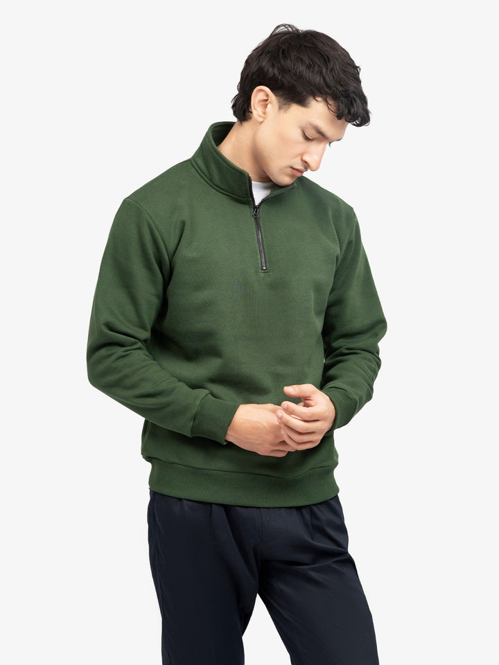 Brumano Mens RTW Solids Cotton 1 Piece Green Fleece Mock Neck Winter Collection