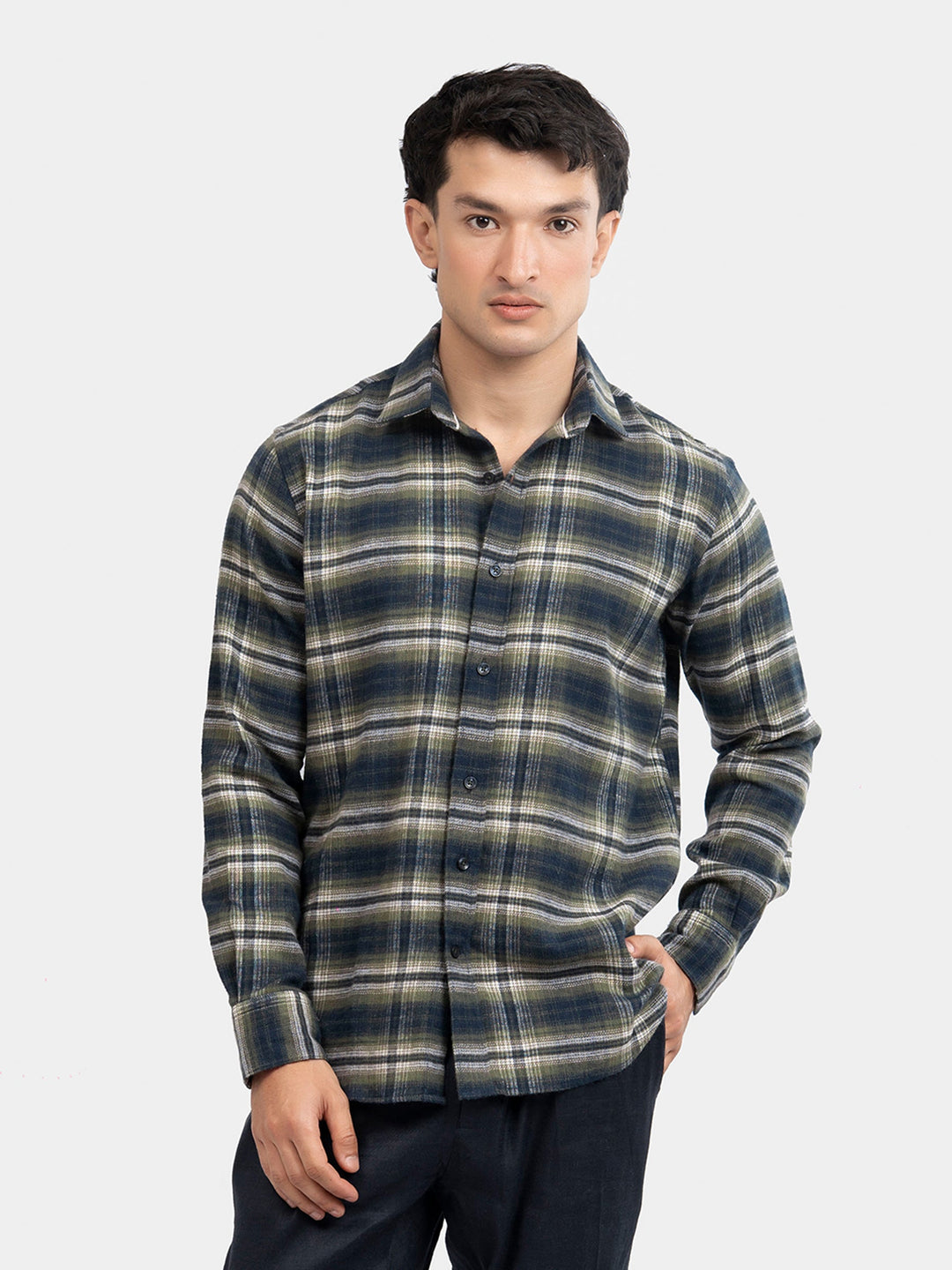 Brumano Mens RTW Solids Cotton Shirt Green N Navy Flannel Casual Collection