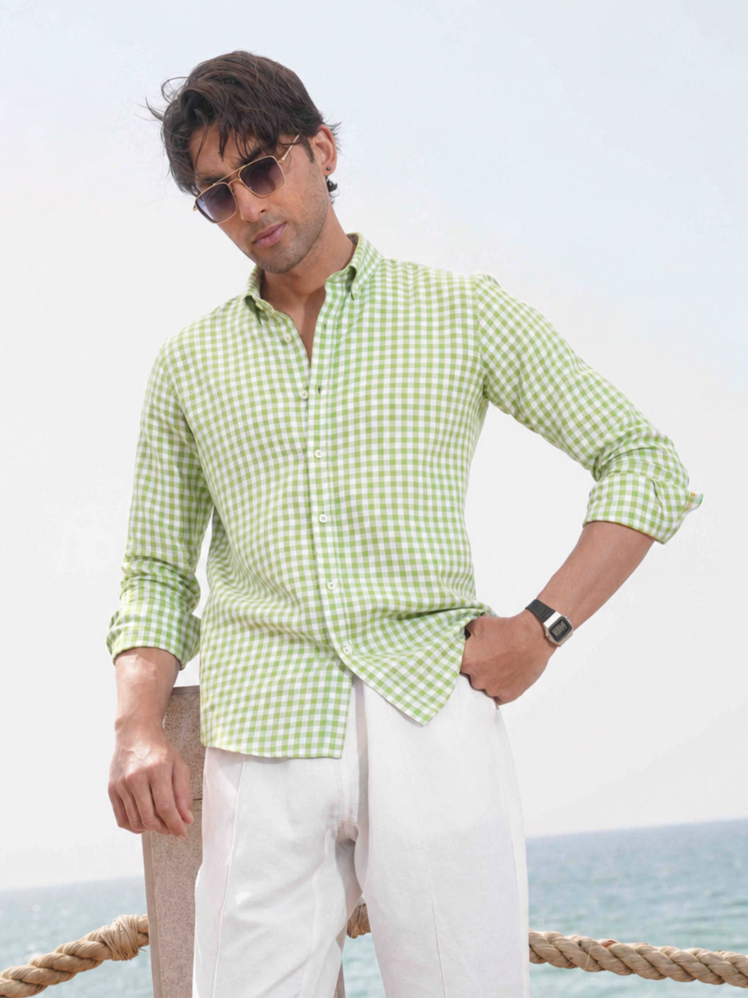 Brumano Mens RTW Solids Cotton Shirt Green Bold Gingham Checkered Casual Collection
