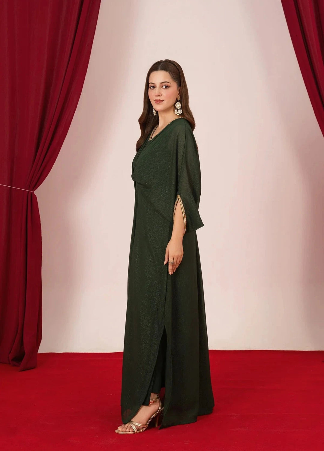Mataish Women RTW Solids Chiffon 1 Piece Suit Green Kaftan - Festive Collection