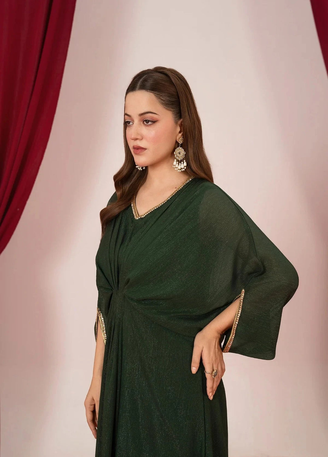 Mataish Women RTW Solids Chiffon 1 Piece Suit Green Kaftan - Festive Collection