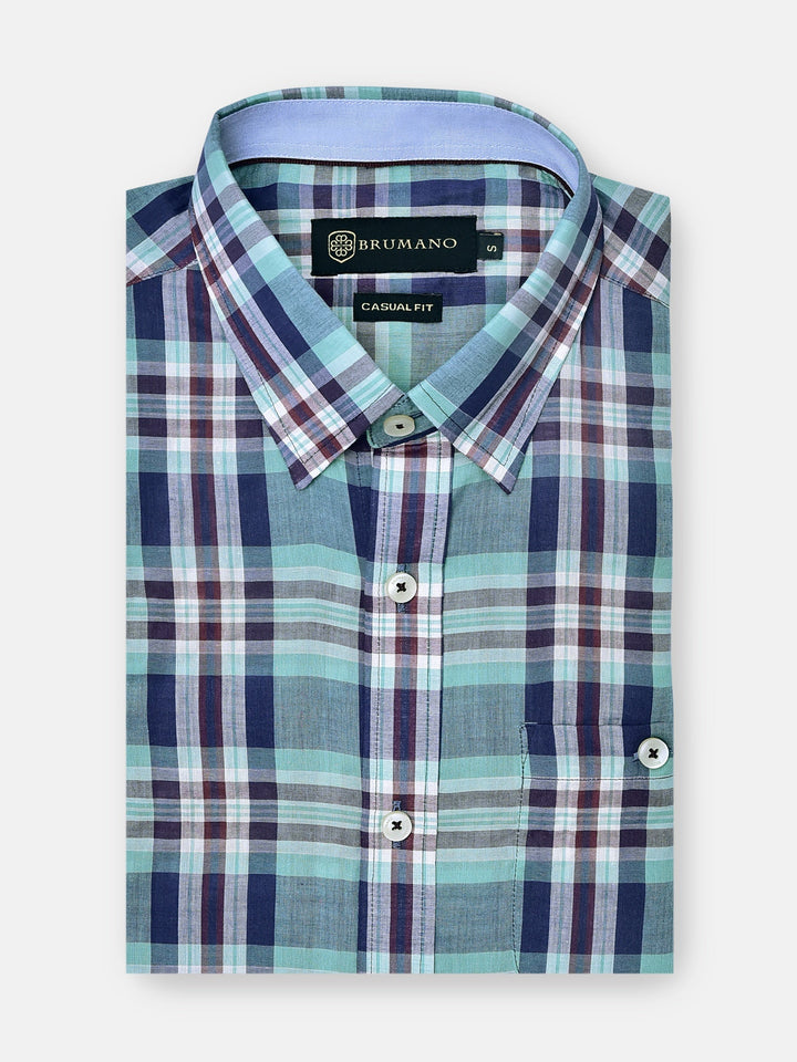 Brumano Ready To Wear Shirts Men 1 Piece Cotton Green Tartan Plaid Light Weight Seersucked Shirt 0-31-024-3325 - Summer Collection