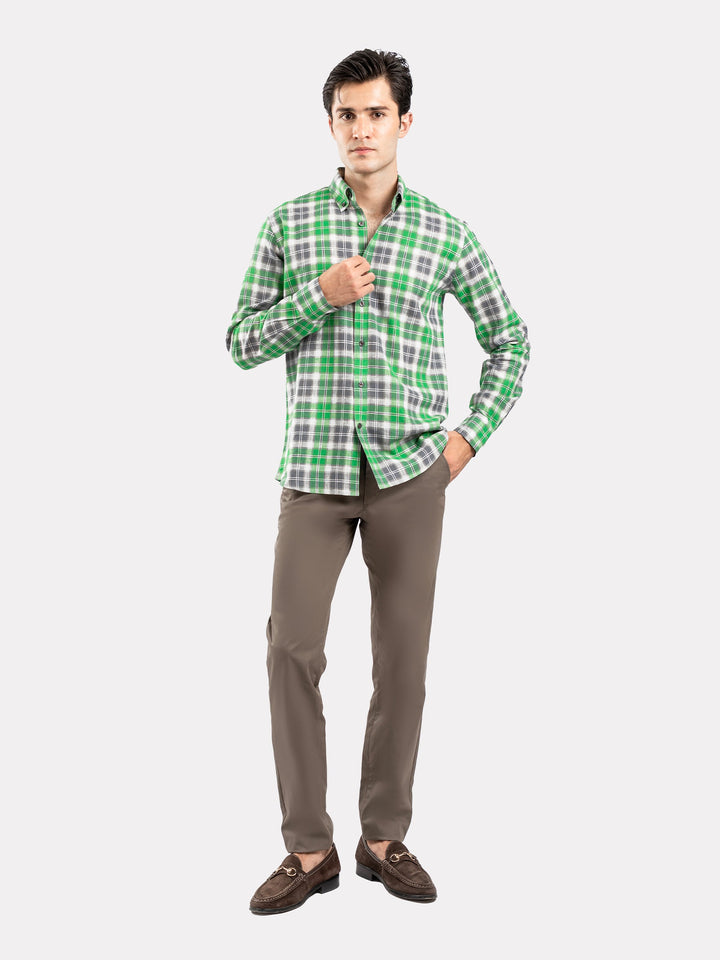 Brumano Ready To Wear Shirts Men 1 Piece Cotton Green & Grey Linen Checkered Button Down Shirt 0-31-025-4691 - Summer Collection