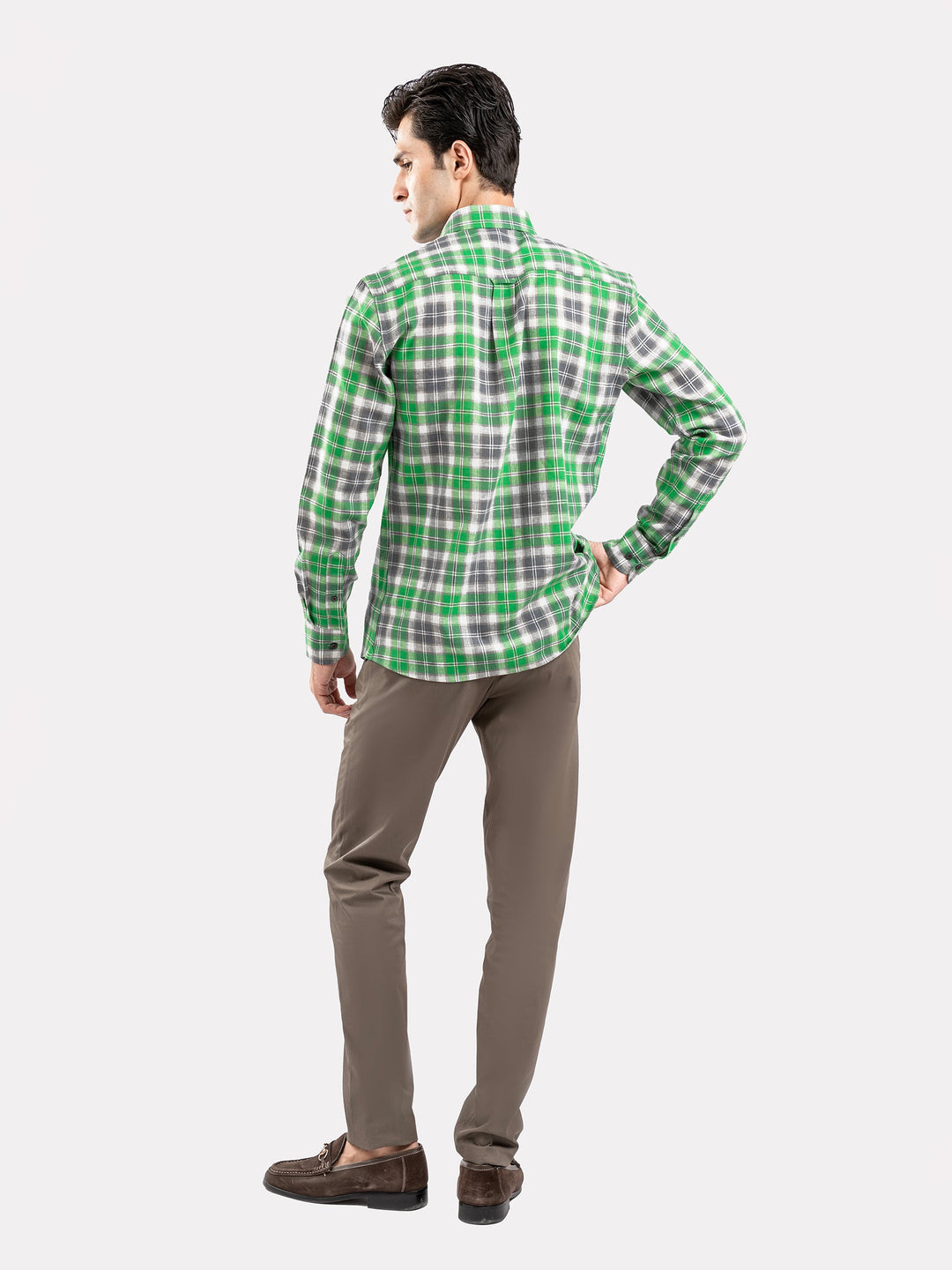 Brumano Ready To Wear Shirts Men 1 Piece Cotton Green & Grey Linen Checkered Button Down Shirt 0-31-025-4691 - Summer Collection