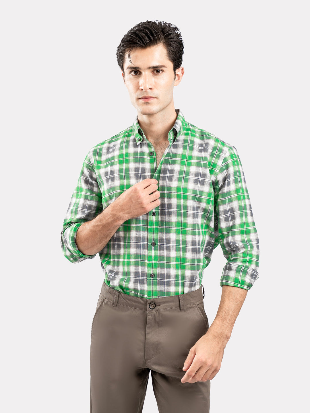 Brumano Ready To Wear Shirts Men 1 Piece Cotton Green & Grey Linen Checkered Button Down Shirt 0-31-025-4691 - Summer Collection