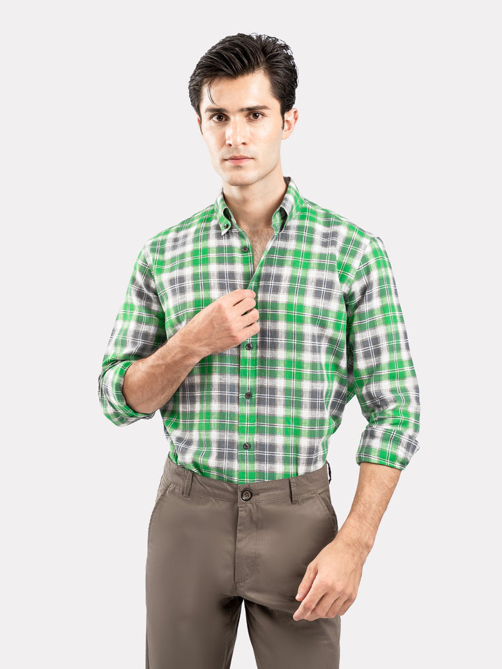 Brumano Ready To Wear Shirts Men 1 Piece Cotton Green & Grey Linen Checkered Button Down Shirt 0-31-025-4691 - Summer Collection