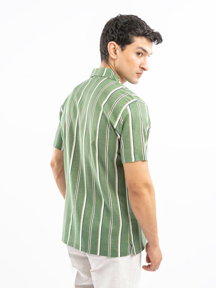 Brumano Ready To Wear Shirts Men 1 Piece Cotton Green & White Striped Cuban Collar Shirt 0-33-025-4399 - Summer Collection